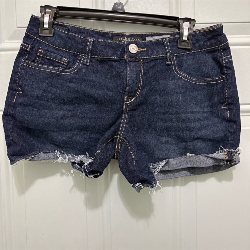 Aeropostale Denim Shorts Womens Size 6 Blue Dark Wash Distressed Raw Hem